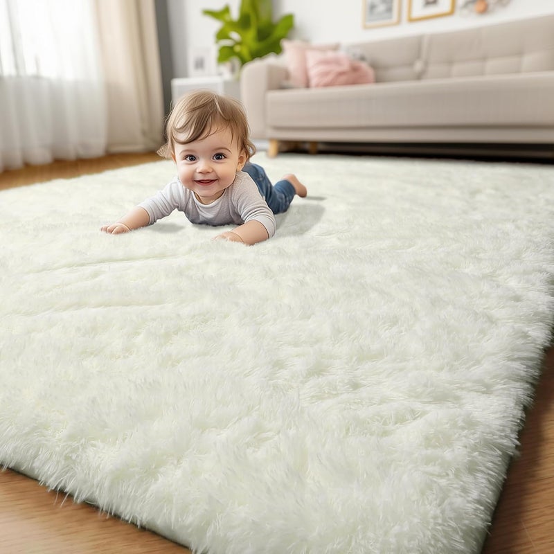 Amdrebio Ivory Area Rugs for Bedroom Living Room, 5x8 Soft Fluffy Modern Indoor Cute Carpet for Kids Room, Home Decor, Thick Fuzzy Rugs for Playroom Nursery Dorm Classroom, Cozy Furry Cream White Rug - Image 1